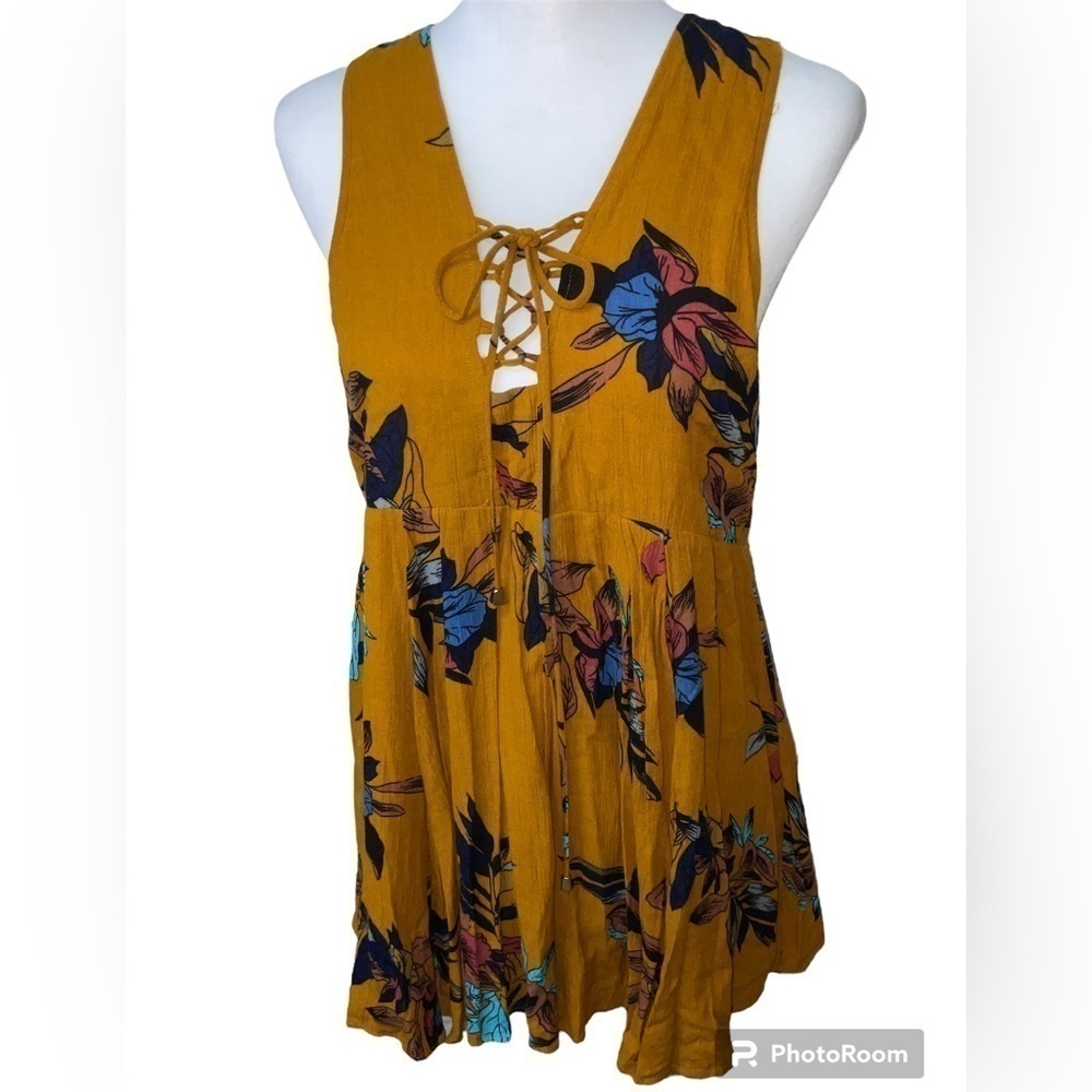 Everly Women Mustard Yellow Floral Print Top Dress Tie Front Open Back S…